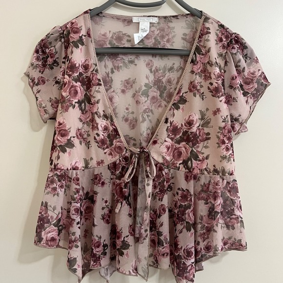 Full Tilt Tops - Y2K Floral Sheer Mesh Top Medium Fairy Front Tie Whimsical Festival Romantic